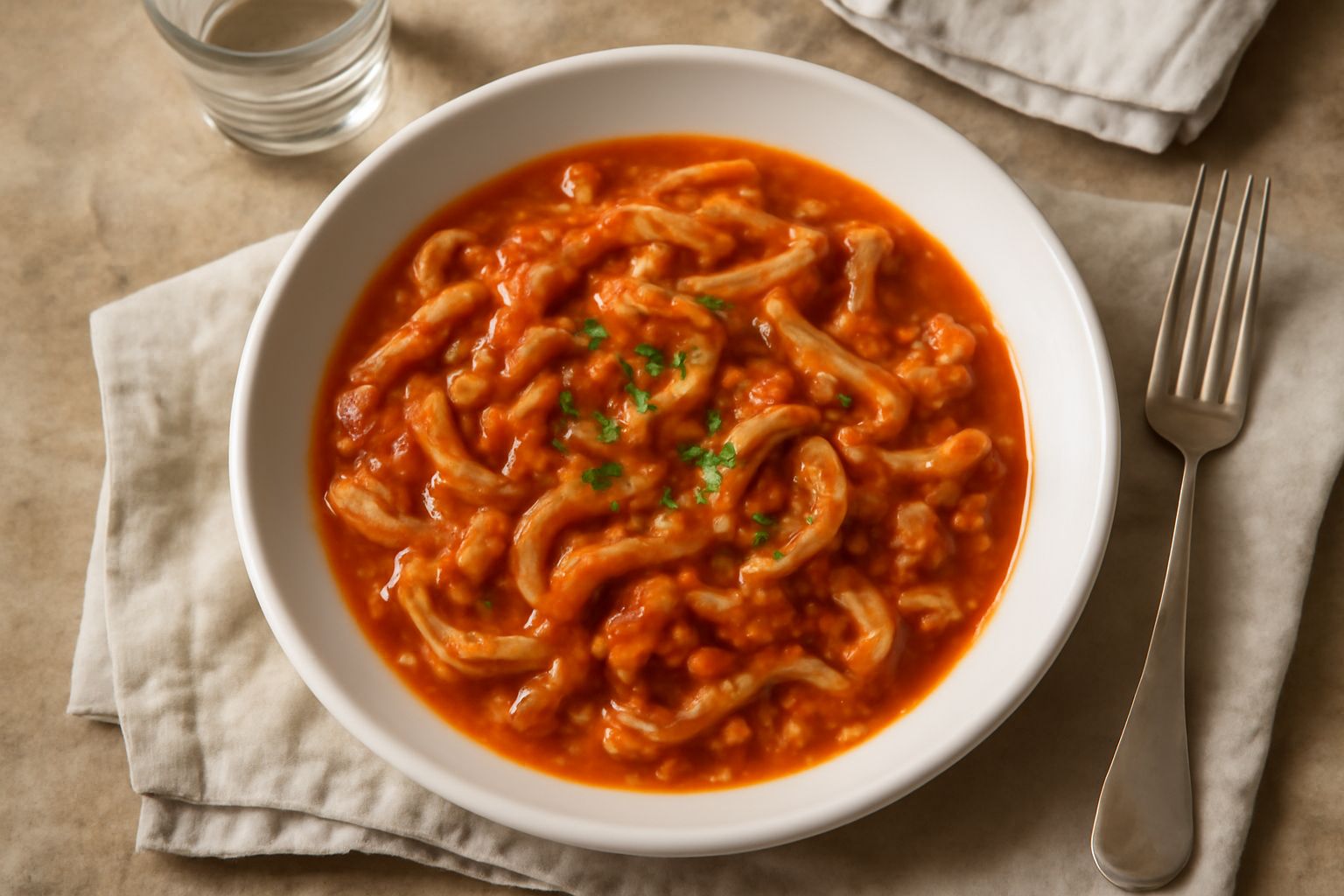Trippa tagliata a strisce cucinata in salsa rossa di pomodoro, servita in un piatto bianco fondo con prezzemolo fresco spolverato e contorno di pane casereccio