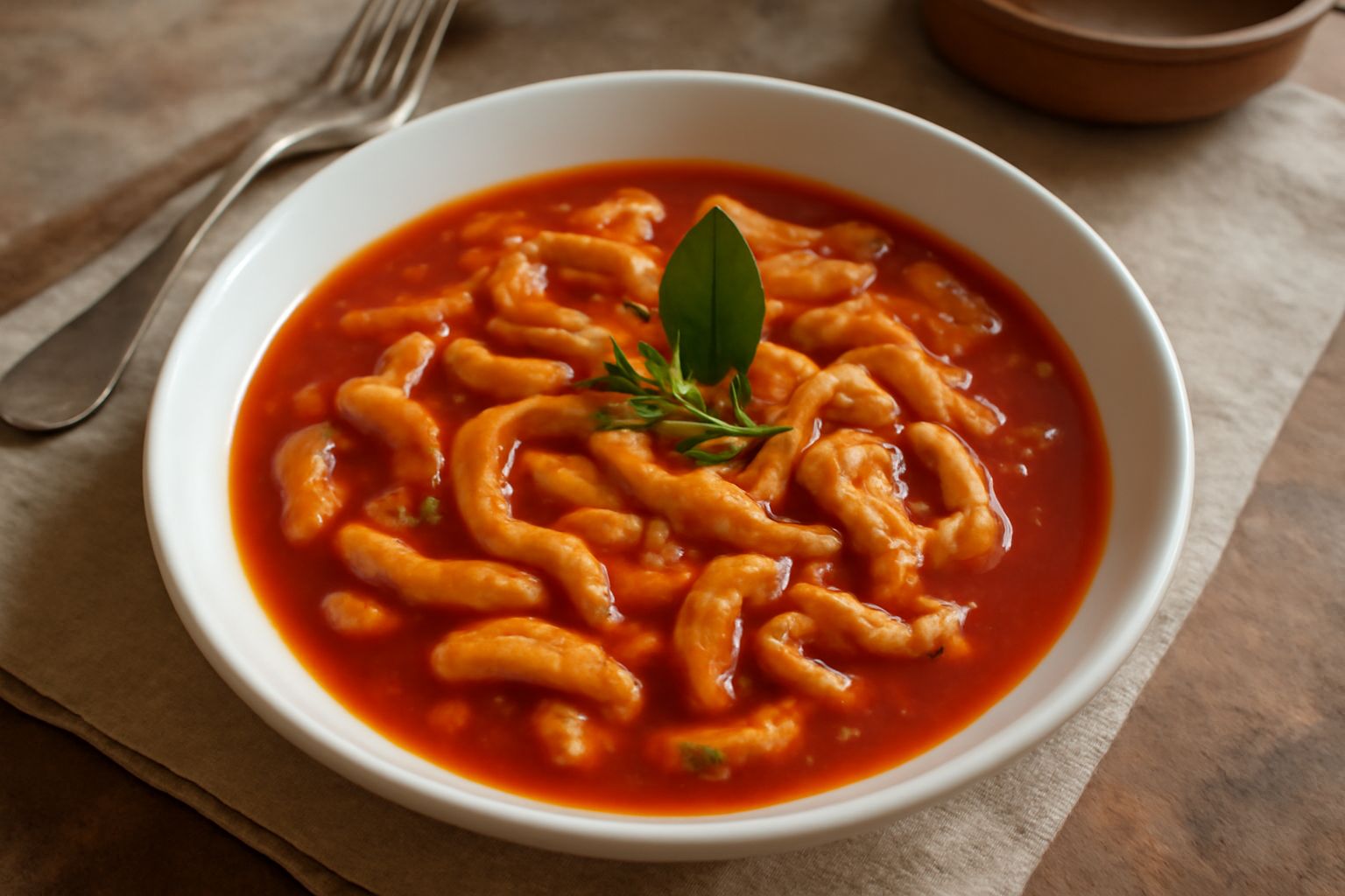 Trippa cotta servita in un piatto fondo di ceramica bianca, pezzi teneri in sugo rosso di pomodoro, cipolla e sedano, con fette di pane tostato a lato