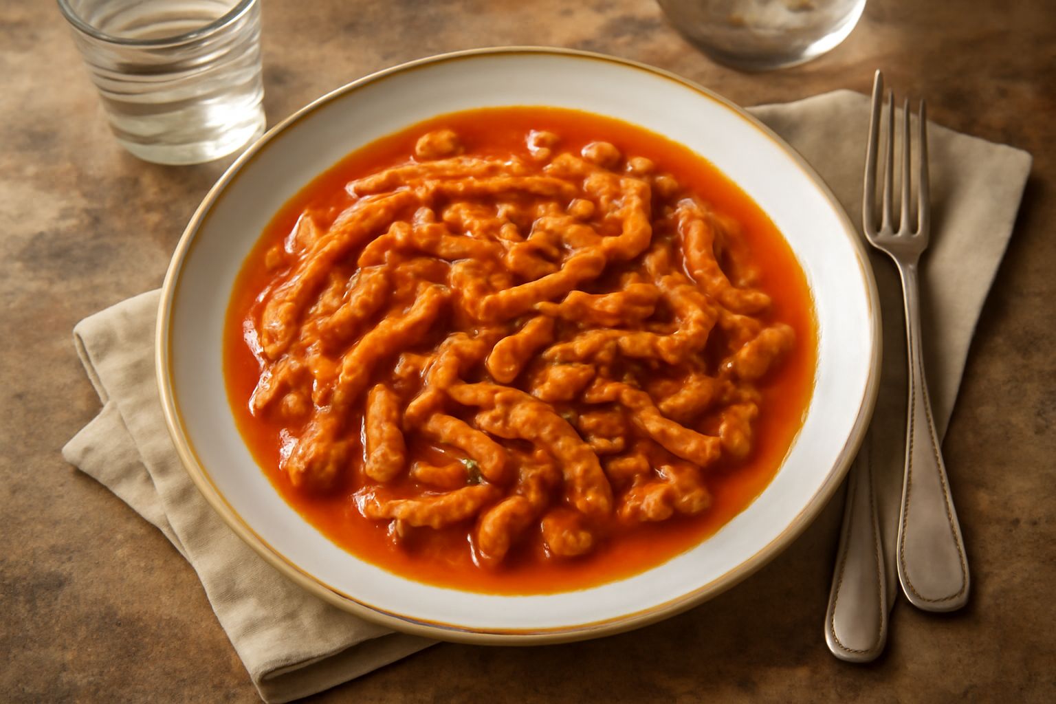 Trippa alla piemontese servita in un piatto bianco fondo, brodo rosso scuro, dadini di trippa bianca e tenera, grattugiata di parmigiano giallo, sedano e carota visibili nel fondo