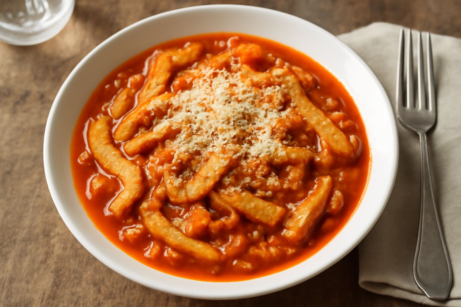 Piatto di trippa alla pisana servito in ciotola bianca, trippa tagliata in strisce dorate immerse in sugo rosso pomodoro con sedano e carota visibili, guarnito con parmigiano grattugiato e prezzemolo 
