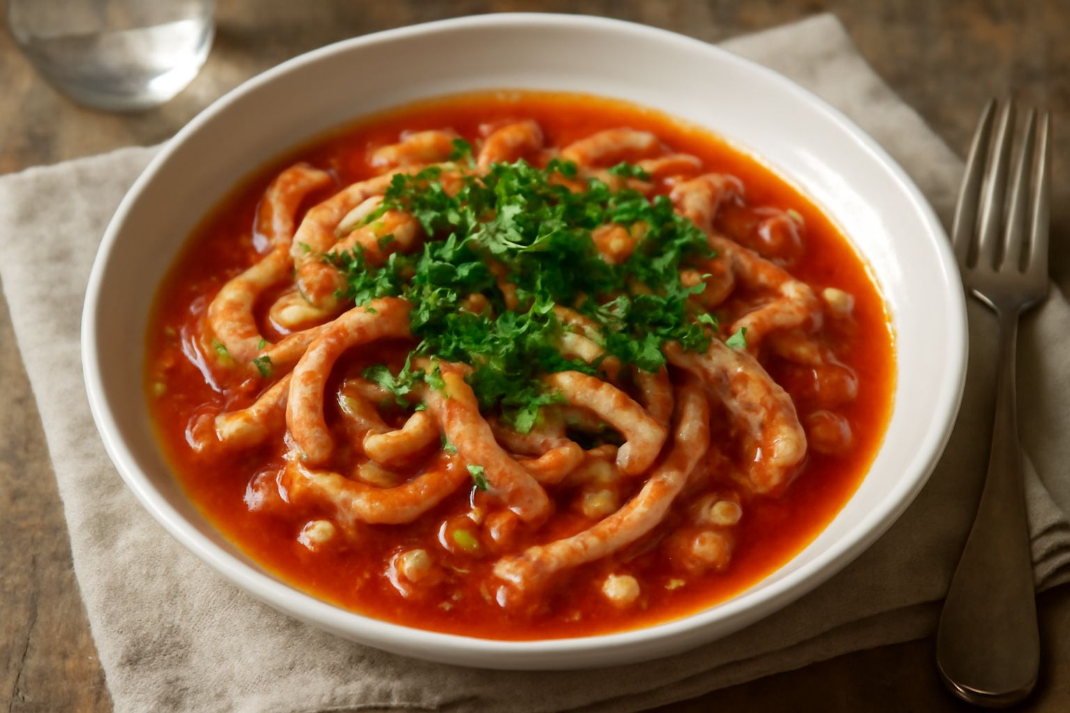 Trippa alla poverella in un piatto fondo bianco, trippa tagliata in striscioline bianche e rosate immerse in salsa di pomodoro rosso vivo, con aglio e prezzemolo verde fresco sparso in superficie, con
