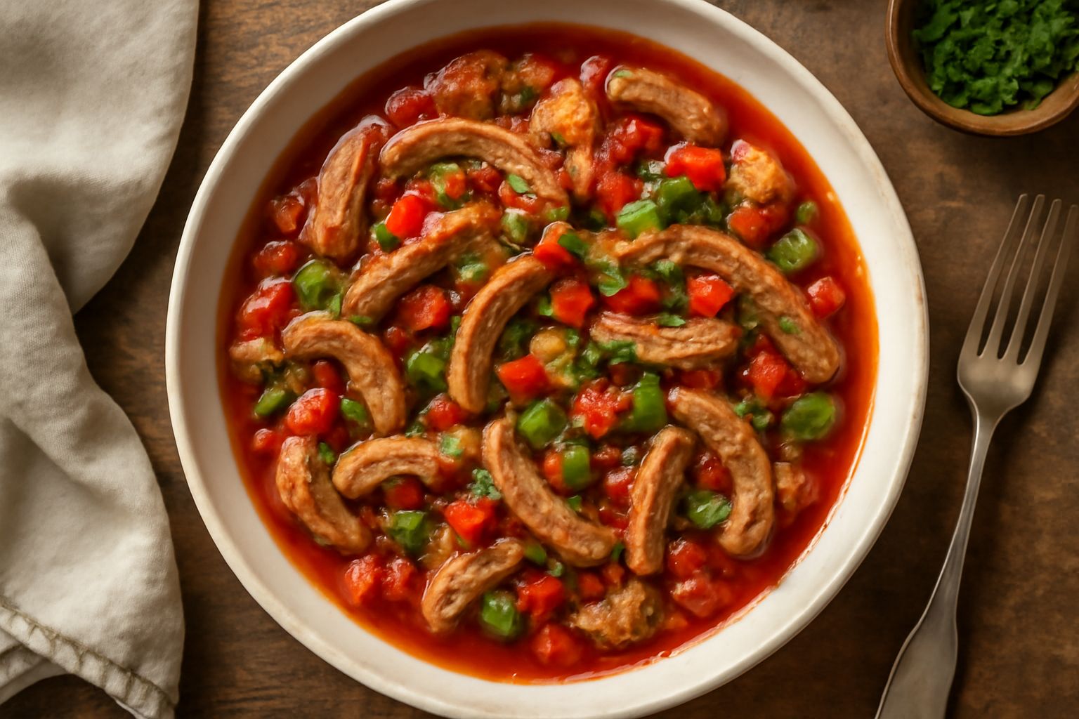 Trippa alla pugliese servita in un piatto di ceramica bianca, con pezzi di trippa grigio-beige in sugo rosso scuro di pomodoro, peperoni rossi e verdi a dadini, prezzemolo fresco e cipolla dorata spar