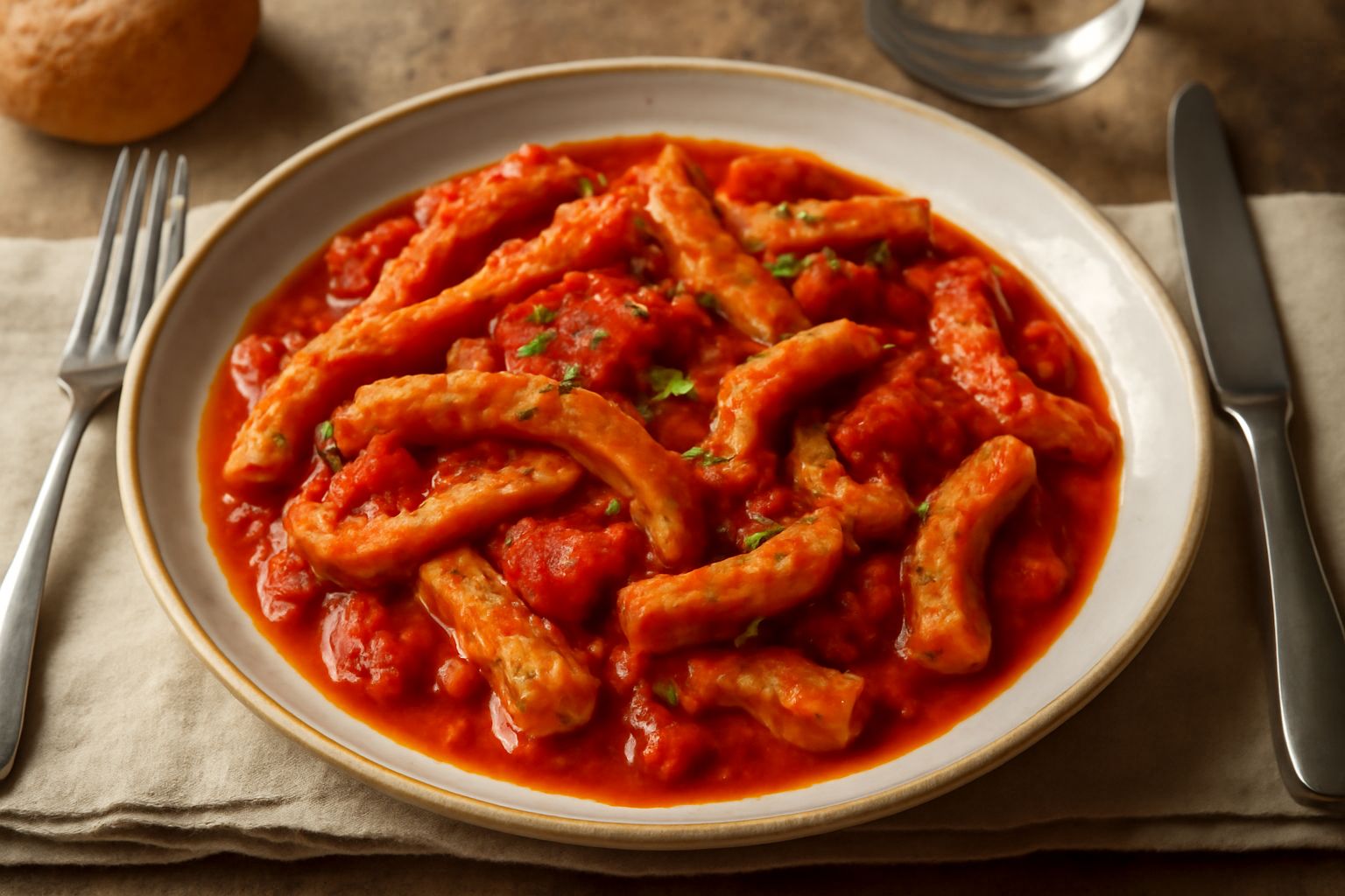 Trippa in biancheria bianca tagliata a strisce, coperta da sugo rosso di pomodoro, cotta e morbida, servita in un piatto fondo di ceramica bianca con un cucchiaio di legno accanto