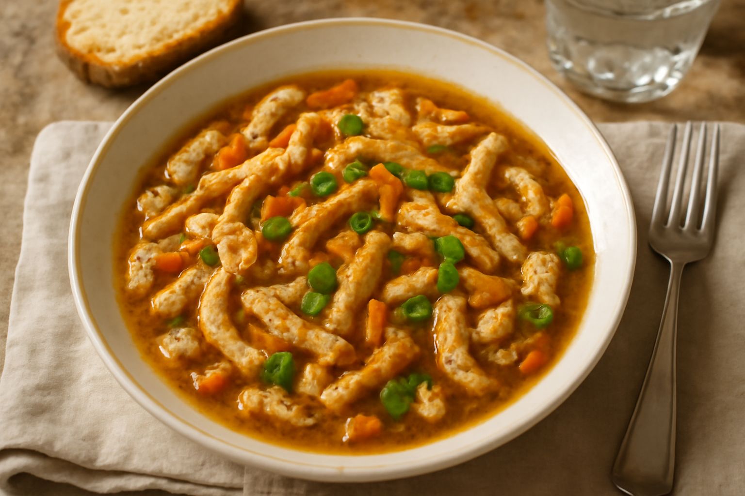 Trippa alla reggiana in una ciotola bianca, pezzi di trippa beige e rossi in brodo scuro con carote, sedano e prezzemolo fresco sopra, fumante