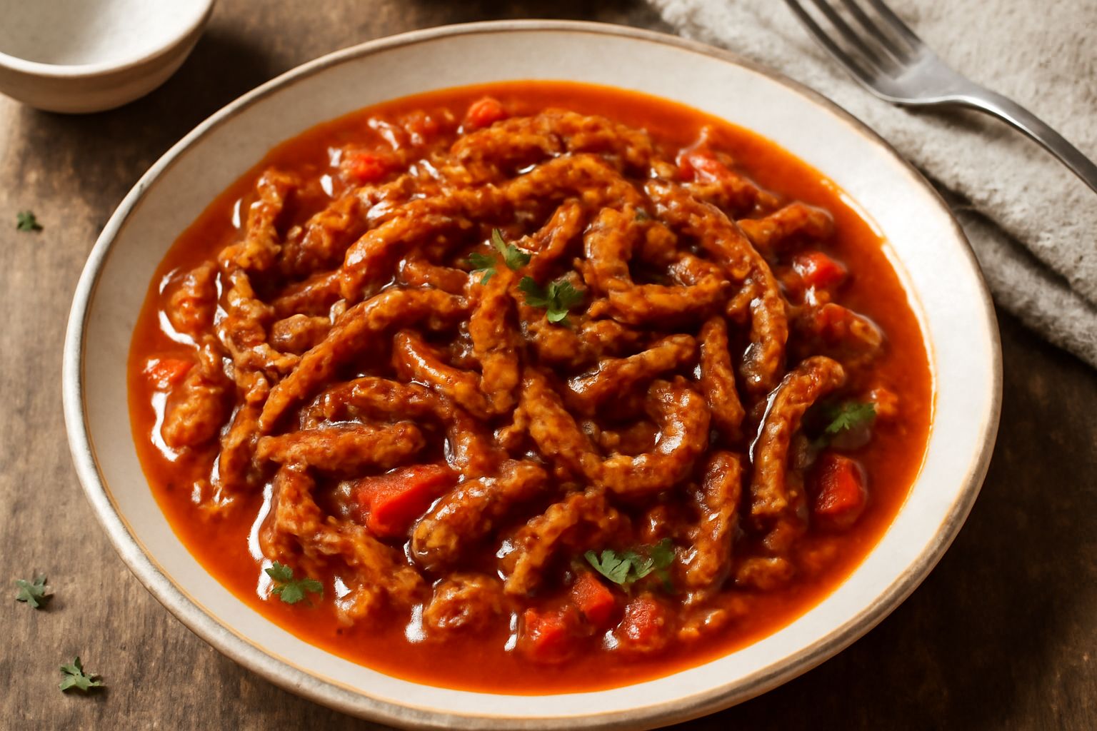 Un piatto fondo di ceramica bianca con trippa di colore marrone rossiccio in sugo rosso di pomodoro, con pezzetti di peperone rosso e verde visibili sulla superficie, coperto da un leggero strato di s