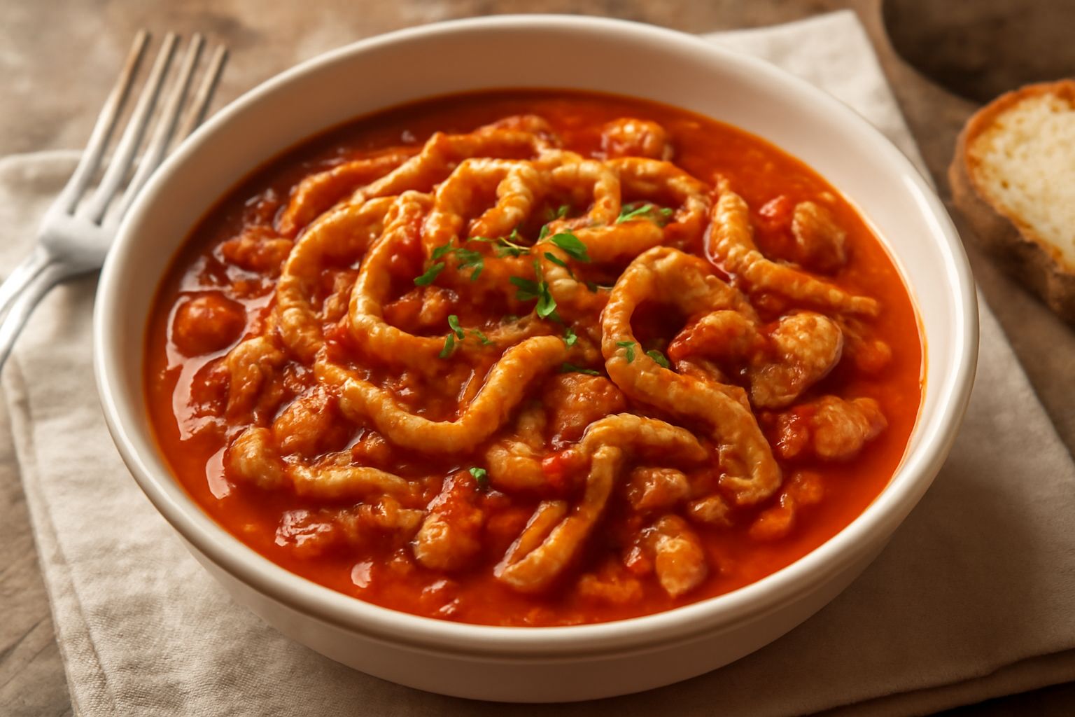 Trippa alla riminese in zuppiera bianca: strisce di trippa tenera grigio-beige immerse in sugo rosso scuro, condite con prezzemolo verde fresco, accanto un piatto di pane tostato