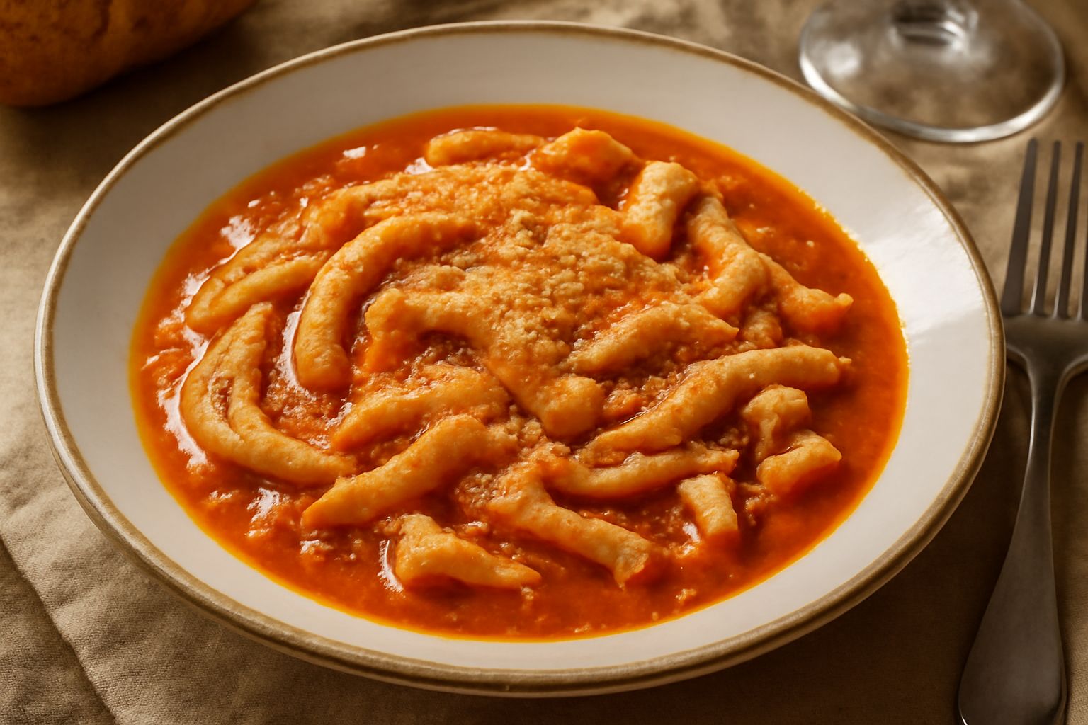 Piatto di ceramica bianca con trippa cotta tagliata a strisce, immerse in un sugo denso di colore rosso-arancio, cosparso di parmigiano grattugiato bianco e granuli di brodo ristretto. Fondo marrone c