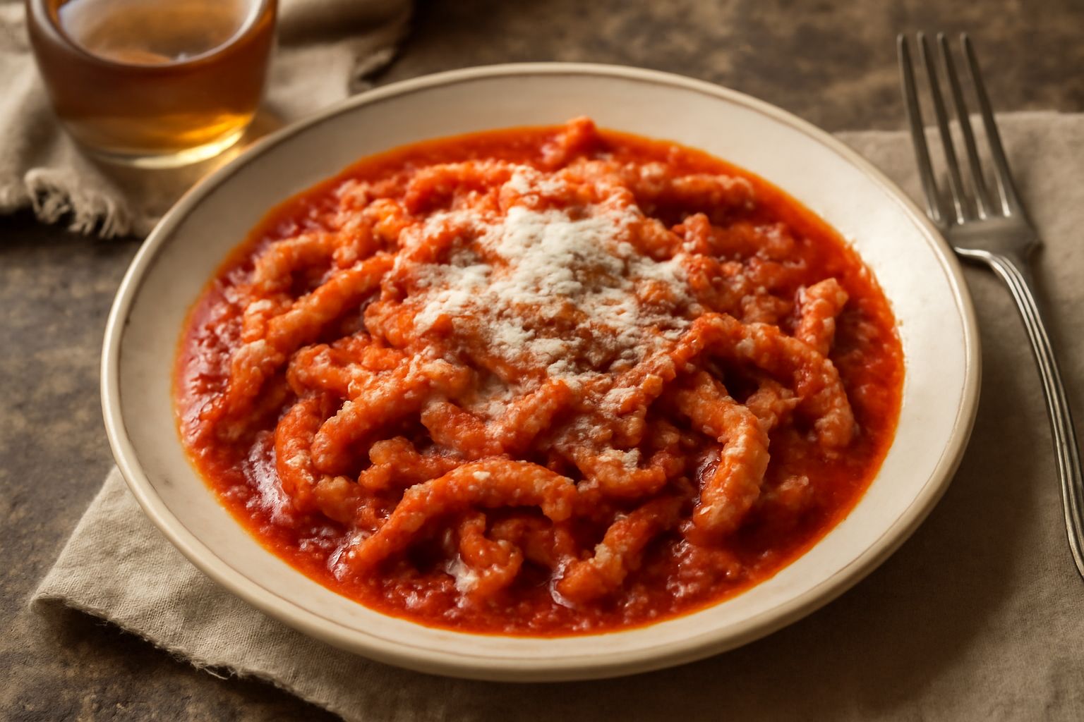 Piatto di ceramica bianca con trippa alla romana: strisce di trippa color marrone chiaro immerse in salsa rossa di pomodori, cosparsa di pecorino romano grattugiato bianco, con basilico fresco verde, 