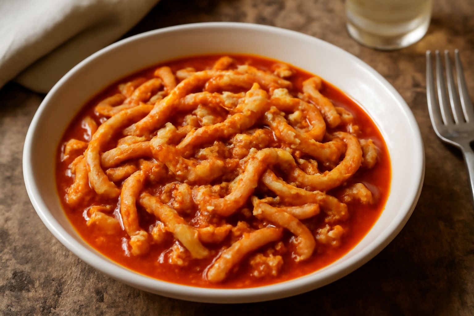 Un piatto fondo di ceramica bianca con trippa cotta nel sugo rosso di pomodoro, spolverata di formaggio grattugiato giallo e pepe nero visibile, contorno di pane tostato
