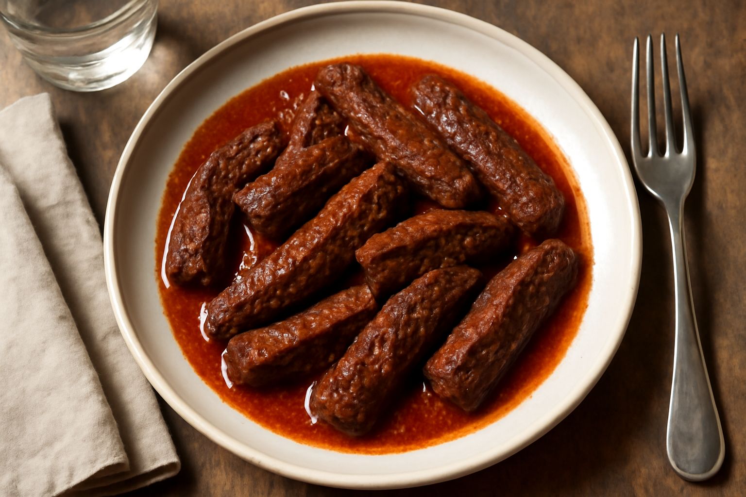 Trippa in umido di colore marrone scuro con salsa rossa di pomodoro, servita in piatto bianco con pezzi morbidi e lucidi, guarnita di prezzemolo fresco
