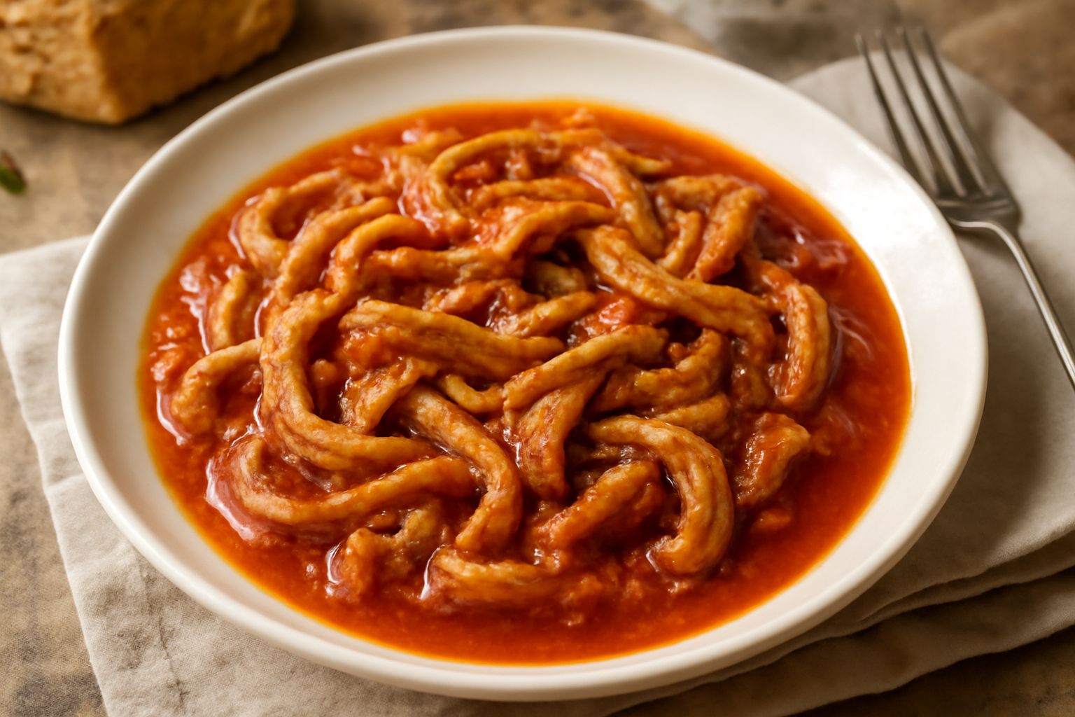 Trippa in umido di colore marrone rossastro in un piatto di ceramica bianca, condita con salsa di pomodoro, con prezzemolo fresco verde sparso in superficie e contorno di pane toscano