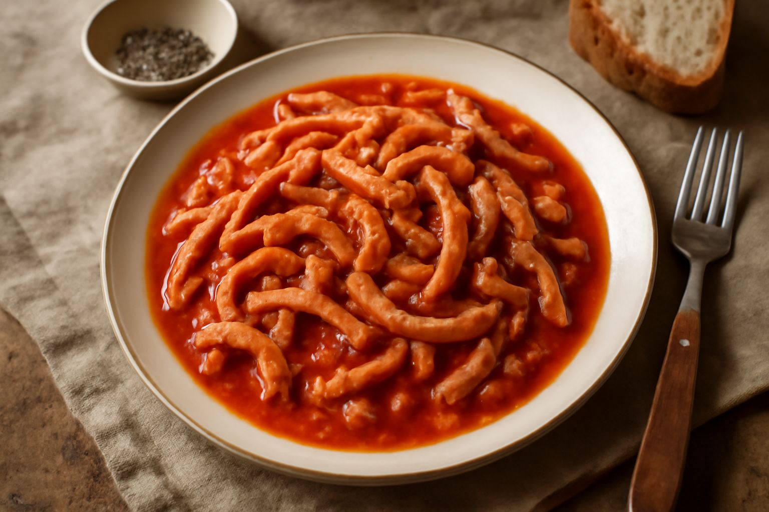 Trippa alla trentina in ciotola bianca: pezzetti di trippa beige e rosa in sugo rosso di pomodoro, cipolla e sedano, decorata con prezzemolo fresco verde