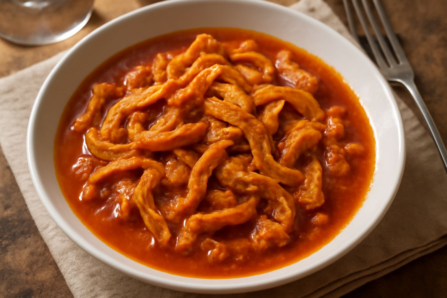 Trippa alla triestina in un piatto fondo bianco, pezzi di trippa morbida e rosata in salsa di pomodoro scuro, cipolla visibile, contorno di pane tostato, primo piano su tavolo di legno scuro