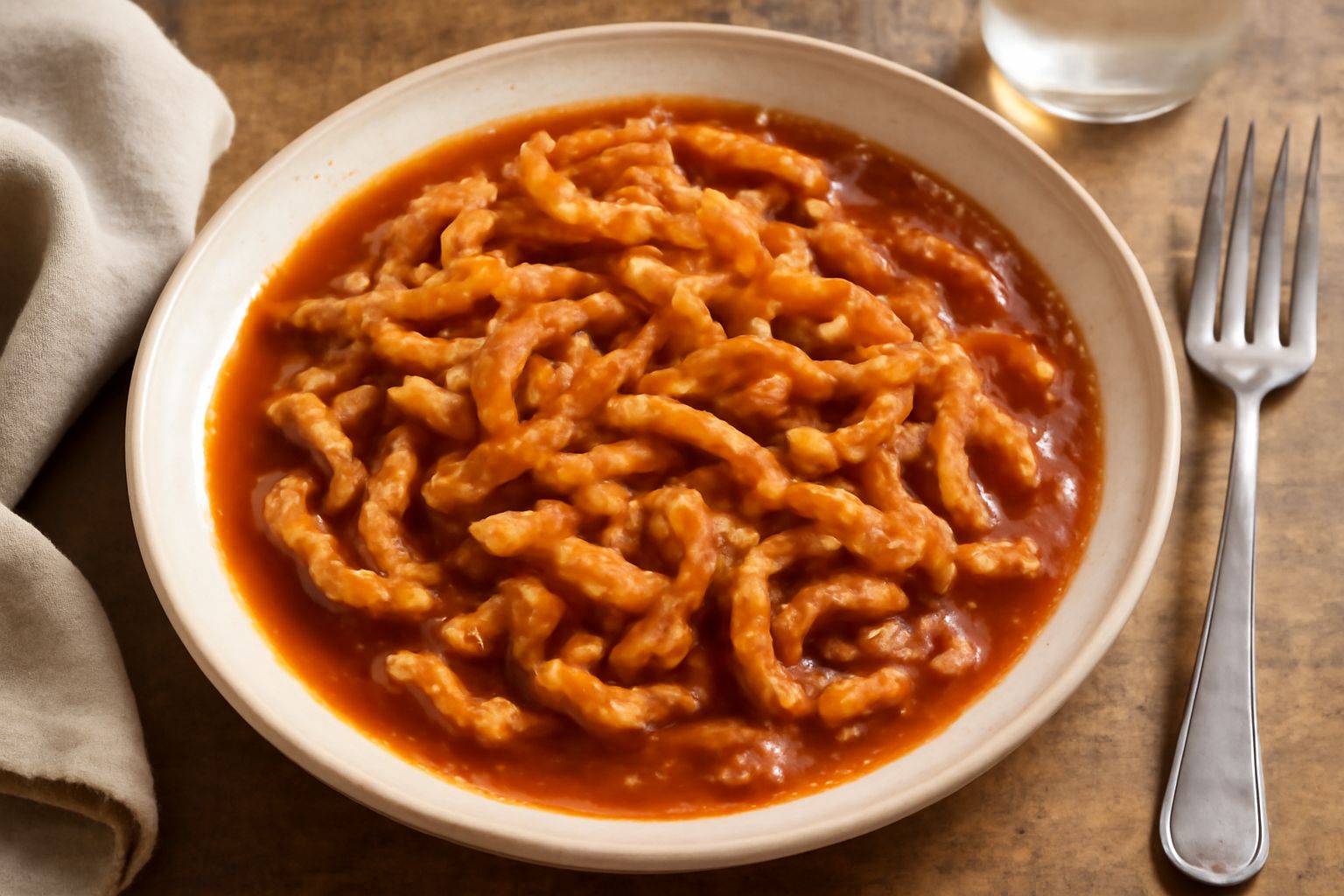 Piatto di trippa alla veneziana con pezzi di stomaco bovino morbidi e rossi dal sugo di pomodoro, cosparsi di prezzemolo fresco, servito in un piatto fondo bianco con bordo grigio, accompagnato da pan
