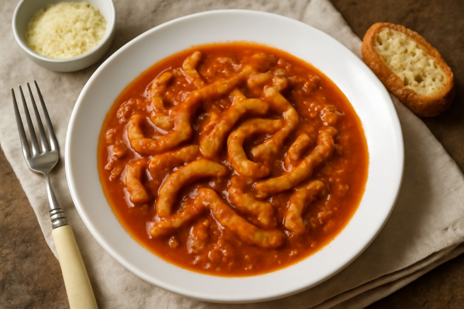 Trippa alla veronese servita in piatto bianco, trippa tagliata in strisce color nocciola immerse in salsa di pomodoro ricca, con cipolla e sedano visibili, spruzzata di prezzemolo fresco verde, su tav