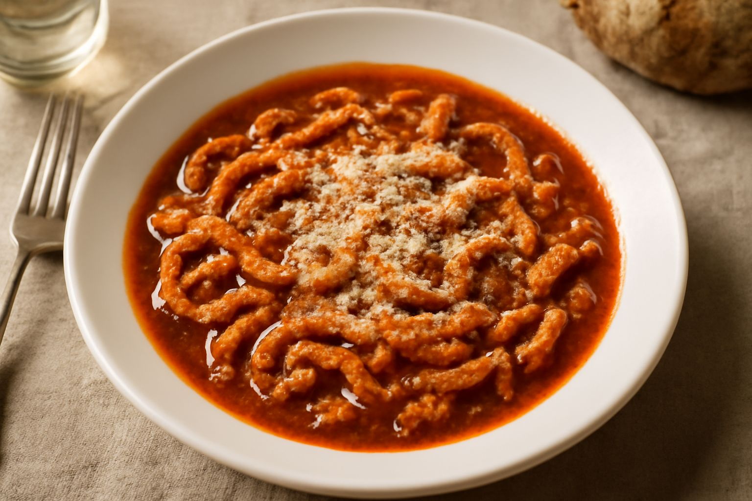 Trippa cotta in umido marrone scuro e rosso, servita in piatto bianco fondo con brodo visibile, pezzi di trippa morbidi, grattugiato di formaggio parmigiano, sedano e cipolla cotta