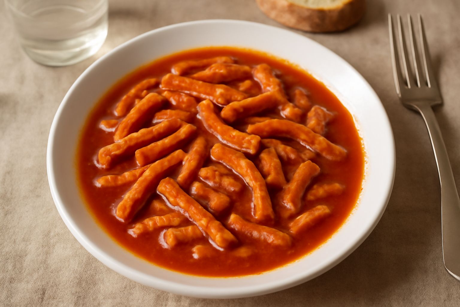 Trippa cotta tagliata a striscioline, rosso scuro dal pomodoro, impiattata in un piatto fondo bianco con brodo limpido, aglio e prezzemolo fresco spargete sopra