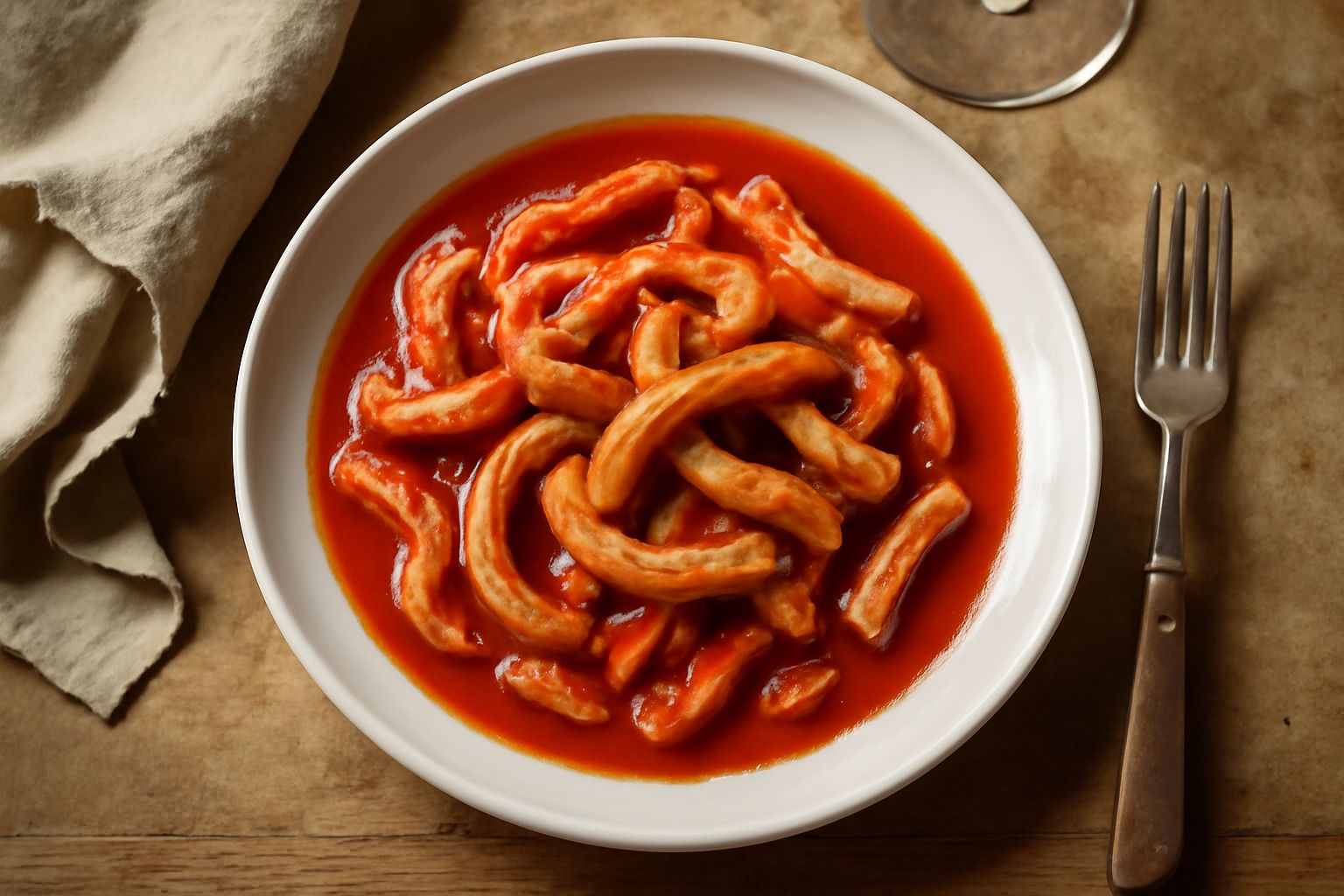 Piatto di trippa ca' pummarola: strisce di trippa bianco-grigia e morbida immerse in sugo di pomodoro rosso intenso, con basil fresco verde e un filo di olio d'oliva, servito in piatto fondo di cerami