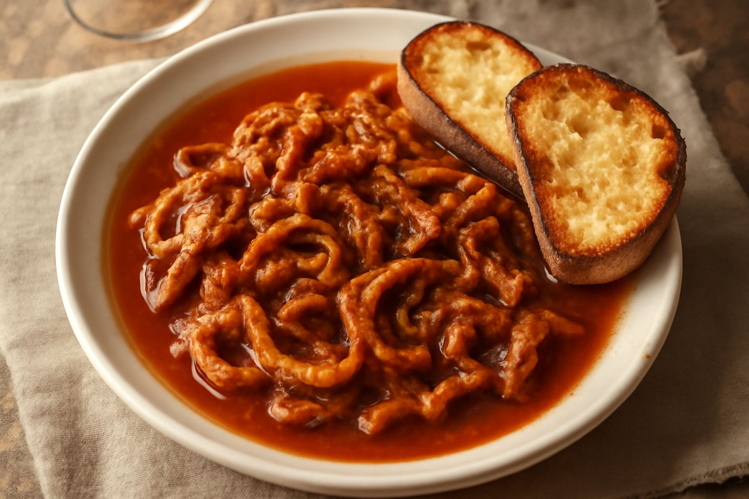 Piatto bianco con trippa marrone in sugo di pomodoro, guarnita con prezzemolo verde, accanto a fette di pane tostato marrone dorato, servito su tavolo in luce naturale