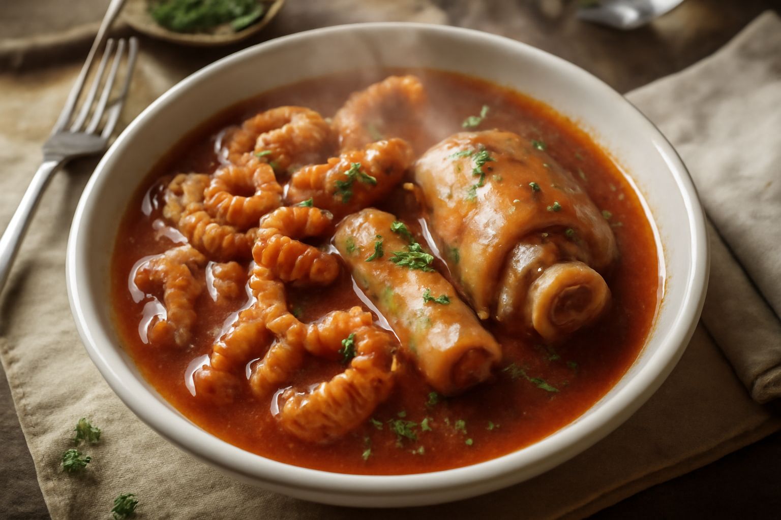 Trippa e zampa in umido servite in zuppiera di ceramica bianca, con salsa di pomodoro scura, pezzi di trippa arricciati e zampa tenera, erbe fresche sopra, pane tostato di lato
