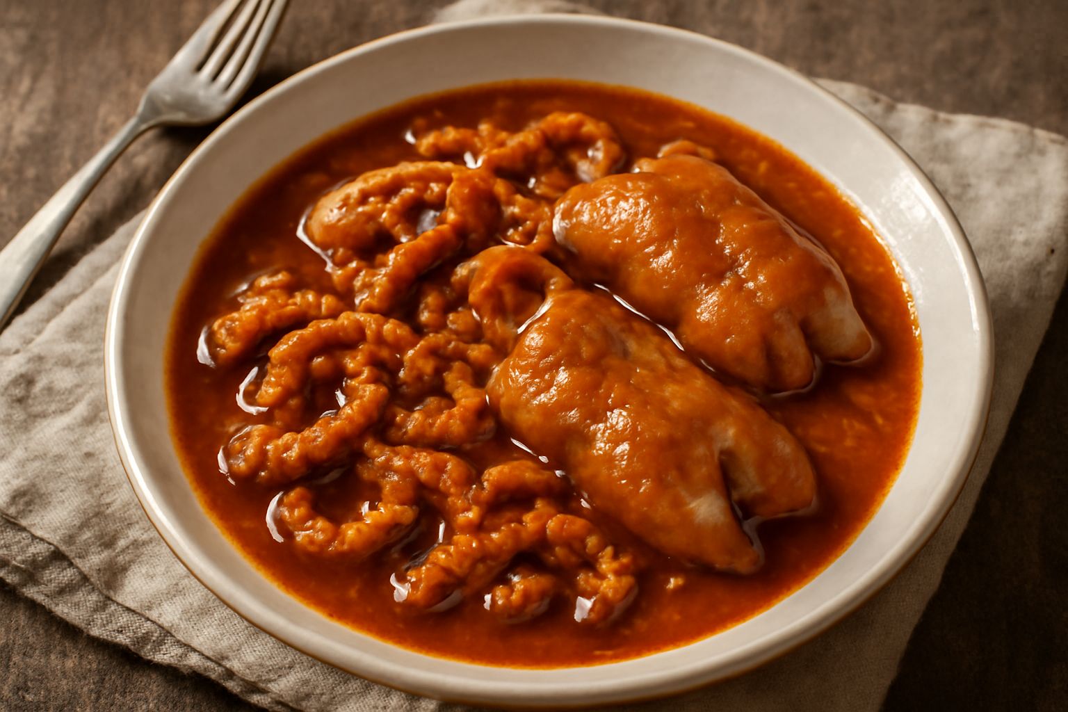 Trippa e zampe in umido servite in piatto fondo bianco, immerse in salsa marrone scura a base di pomodoro, con cipolla visibile, vapore appena fuoriuscente, pane tostato grigio accanto al piatto