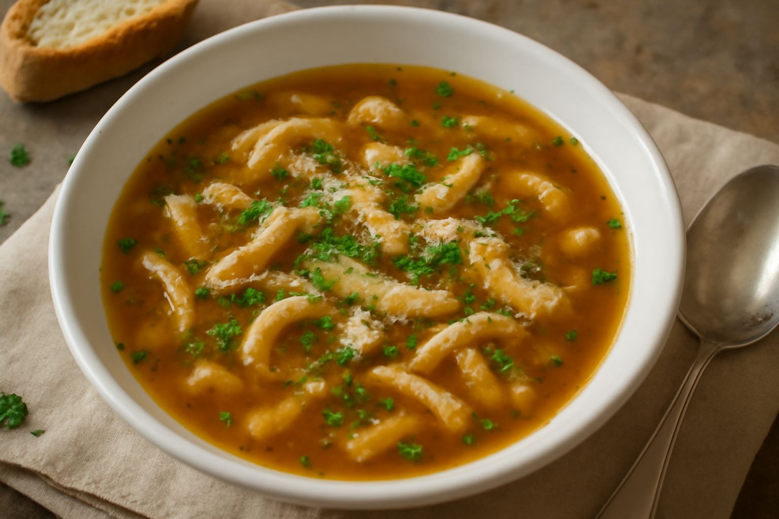 Ciotola di trippa in brodo color ambra, strisce di trippa morbida, prezzemolo verde fresco in superficie, cucchiaio d'acciaio, pane tostato, tavolo di legno scuro