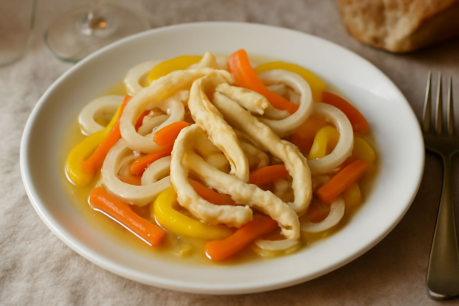 Trippa in carpione servita in un piatto bianco: strisce di trippa cotta color crema circondate da cipolle bionde, carote tagliate a bastoncini e peperoni gialli in una marinata trasparente con erbe ar