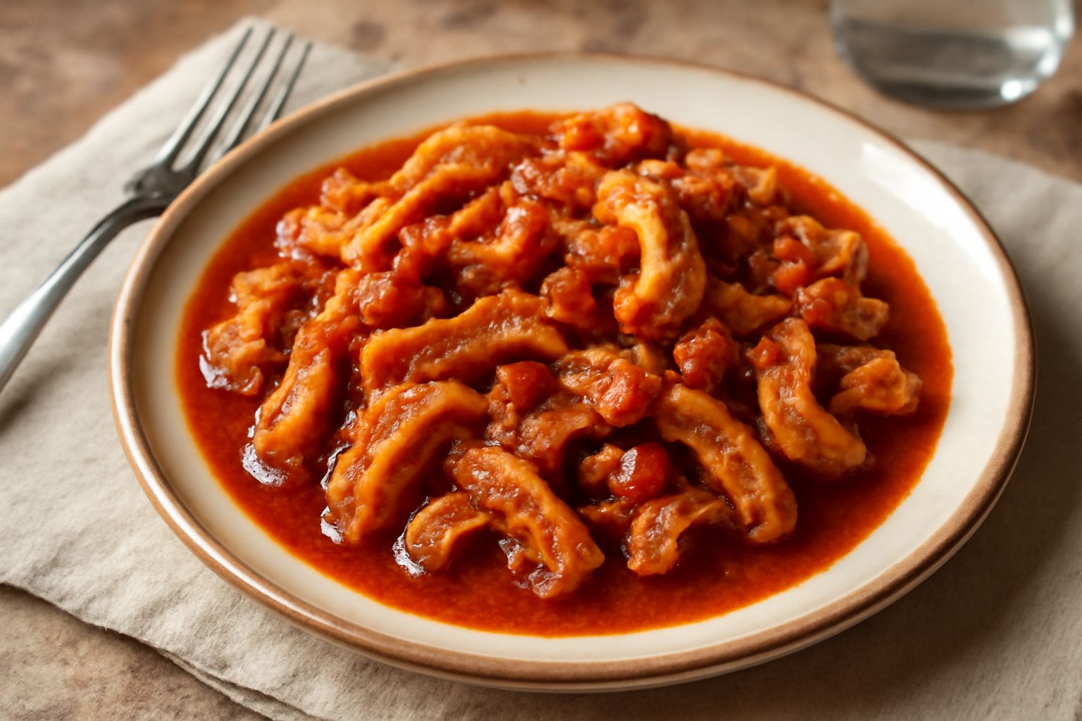 Un piatto di trippa in ragù fumante, pezzi bianchi e teneri immersi in sugo rosso denso con verdure soffritte, guarnito con prezzemolo fresco, condito con olio d'oliva dorato, servito in ciotola di ce