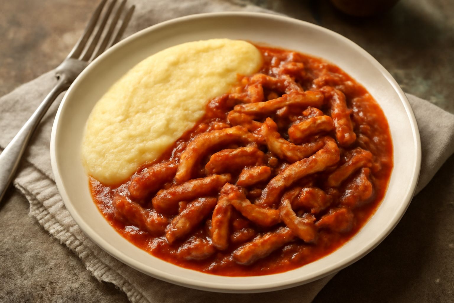 Trippa in umido in piatto bianco con sugo rosso a base di pomodoro, pezzi di trippa teneri, guarnizione di prezzemolo fresco e contorno di polenta cremosa