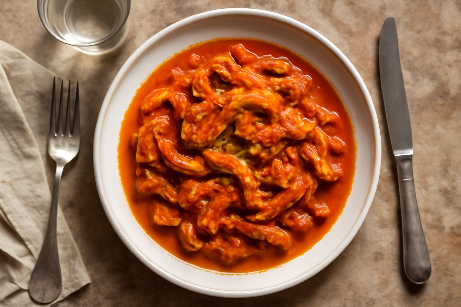 Casseruola di terracotta con trippa stufata, rigatoni e sugo di pomodoro rosso acceso, cosparsa di prezzemolo verde, servita su un piatto di ceramica bianca con una fetta di pane scuro accanto
