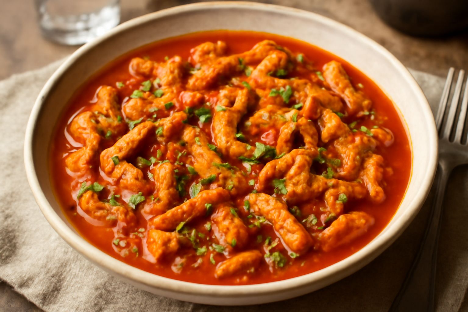Trippa ripassata in un piatto bianco, pezzi di trippa color avorio e rosa pallido immersi in salsa di pomodoro rosso scuro con coriandolo verde fresco, servita su fondo bianco con una forchetta accant