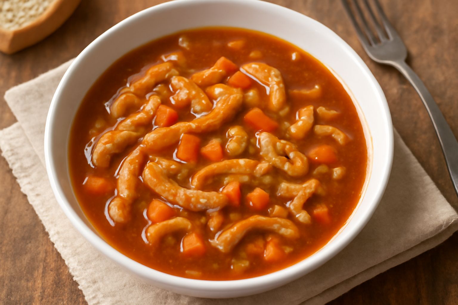 Trippa risulata in ciotola di ceramica bianca con brodo rosso-marrone, pezzi di trippa morbida, verdure visibili, cucchiaio di legno accanto, vapore leggero