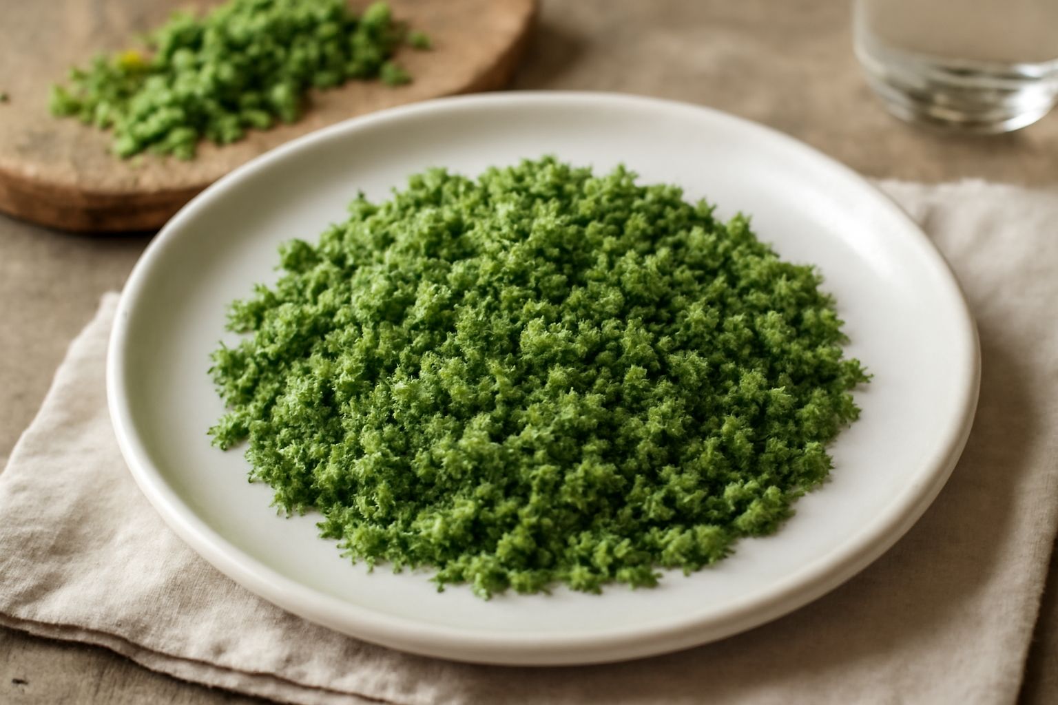 Trito di prezzemolo fresco e aglio su un tagliere di legno, con coltello affilato accanto, prezzemolo verde brillante e spicchi d'aglio bianco in primo piano