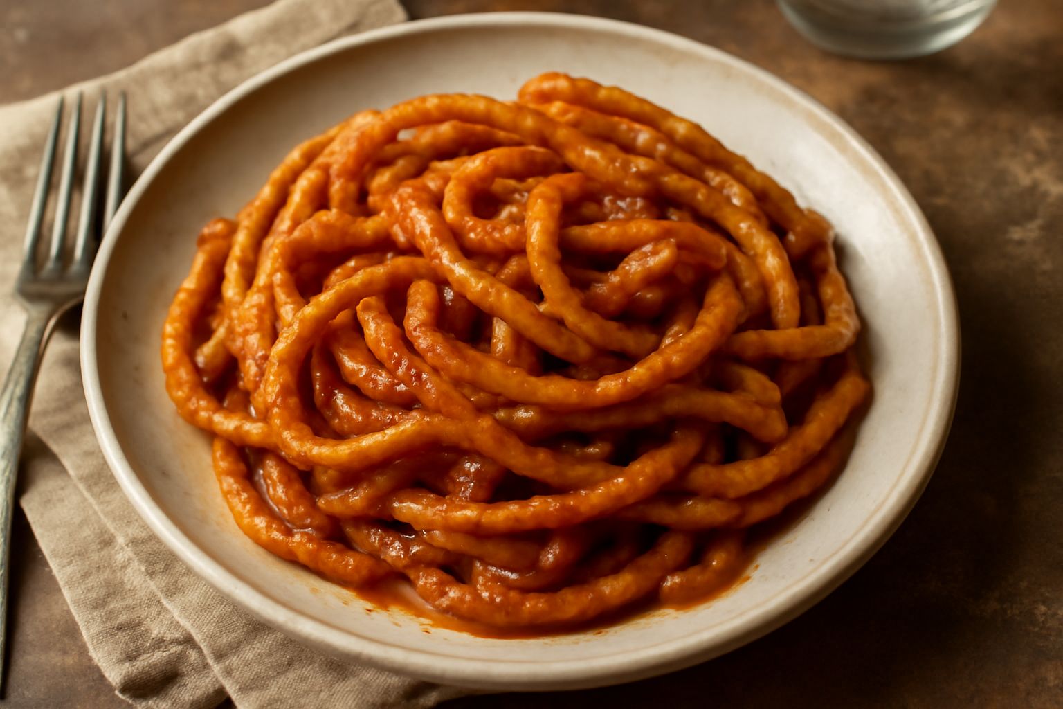 Piatto di troccoletti ripassati color dorato e marrone, croccanti sulla superficie, impiattati con sugo rosso, salsa di pomodoro e prezzemolo fresco, vapor caldo che sale dal piatto