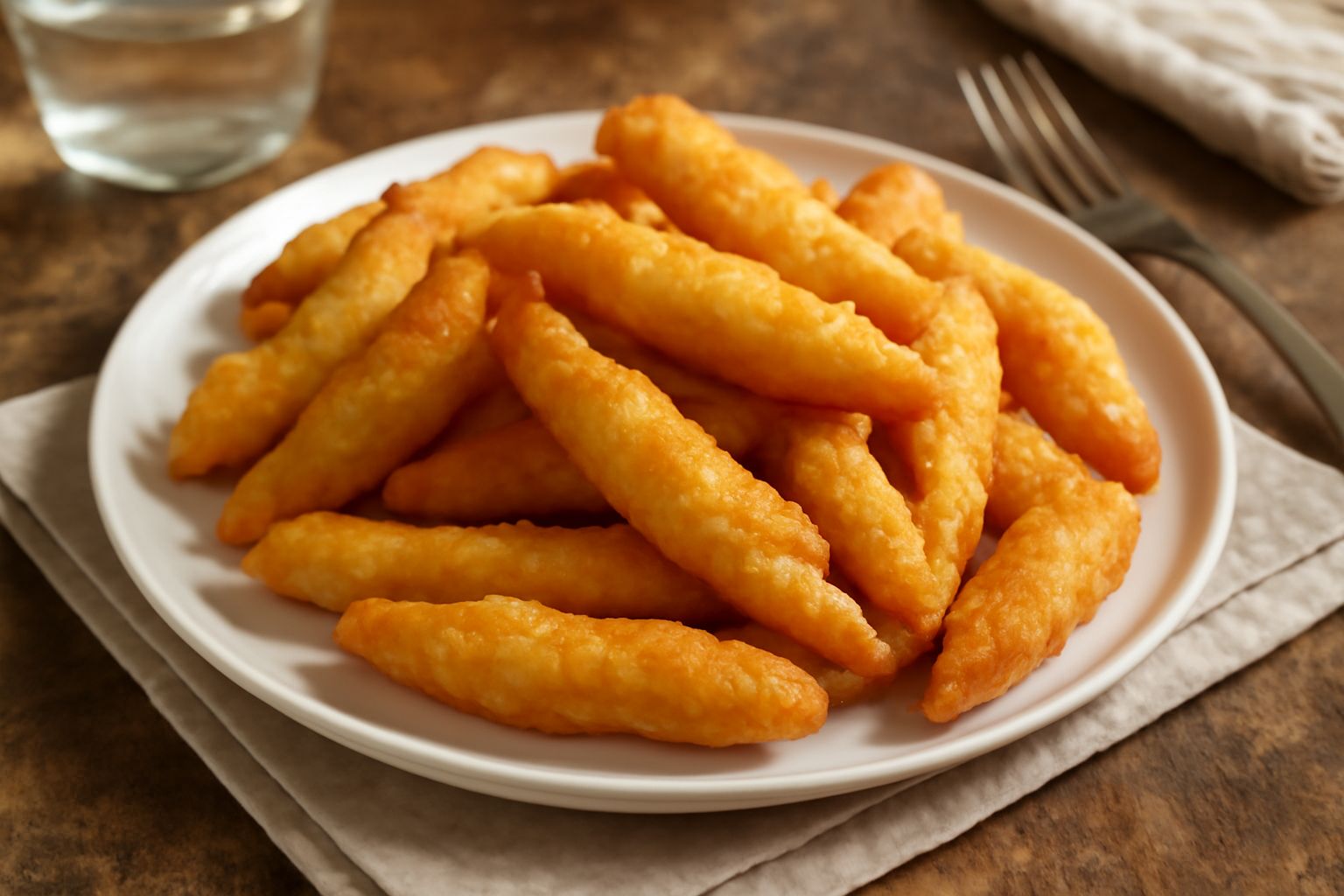 Troccos de patatas dorati e croccanti serviti in un piatto bianco con una ciotola di salsa piccante accanto, patate crude nel fondo della composizione