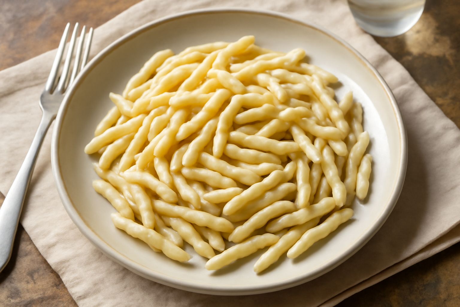 Trofie appena preparate su una tavola di legno, cilindriche e leggermente ricce, spolverata di semola bianca, accanto a un mucchietto di semola e un bicchiere d'acqua
