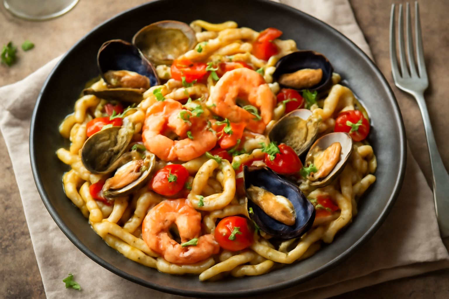 Piatto bianco con trofie avvolte attorno alla forchetta, condite con vongole aperte, cozze nere, gamberi rosa, pomodorini rossi e prezzemolo verde, con gocce di olio d'oliva lucente