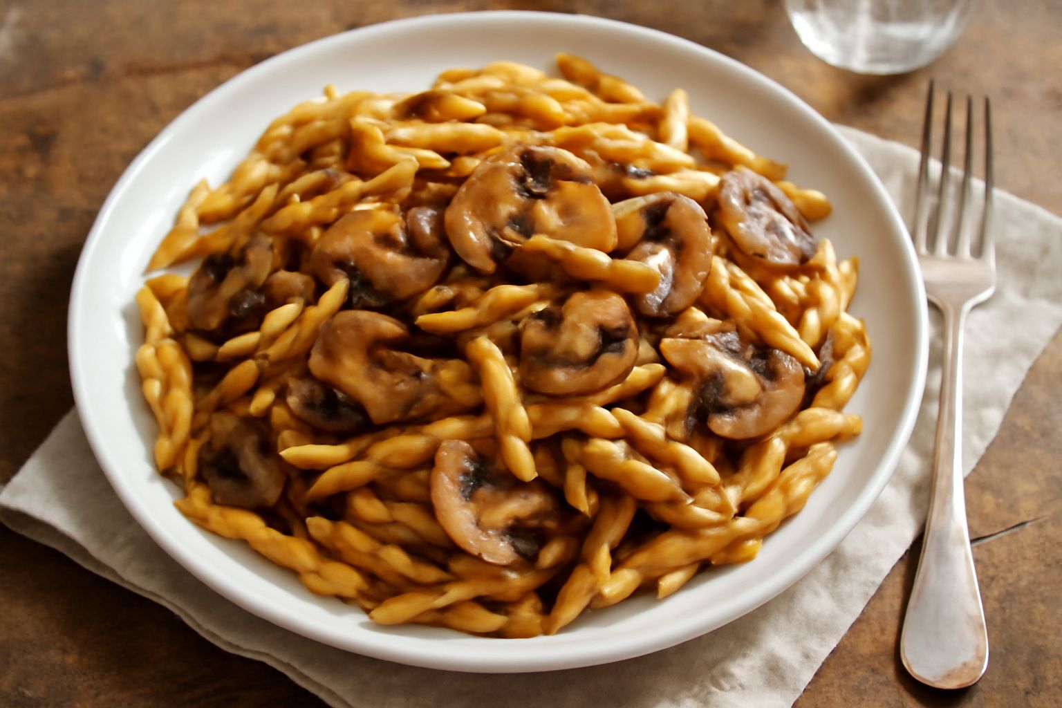 Piatto di trofie bionde condite con funghi dorati, aglio e prezzemolo fresco, servite in ciotola bianca con fondo di salsa marrone chiara