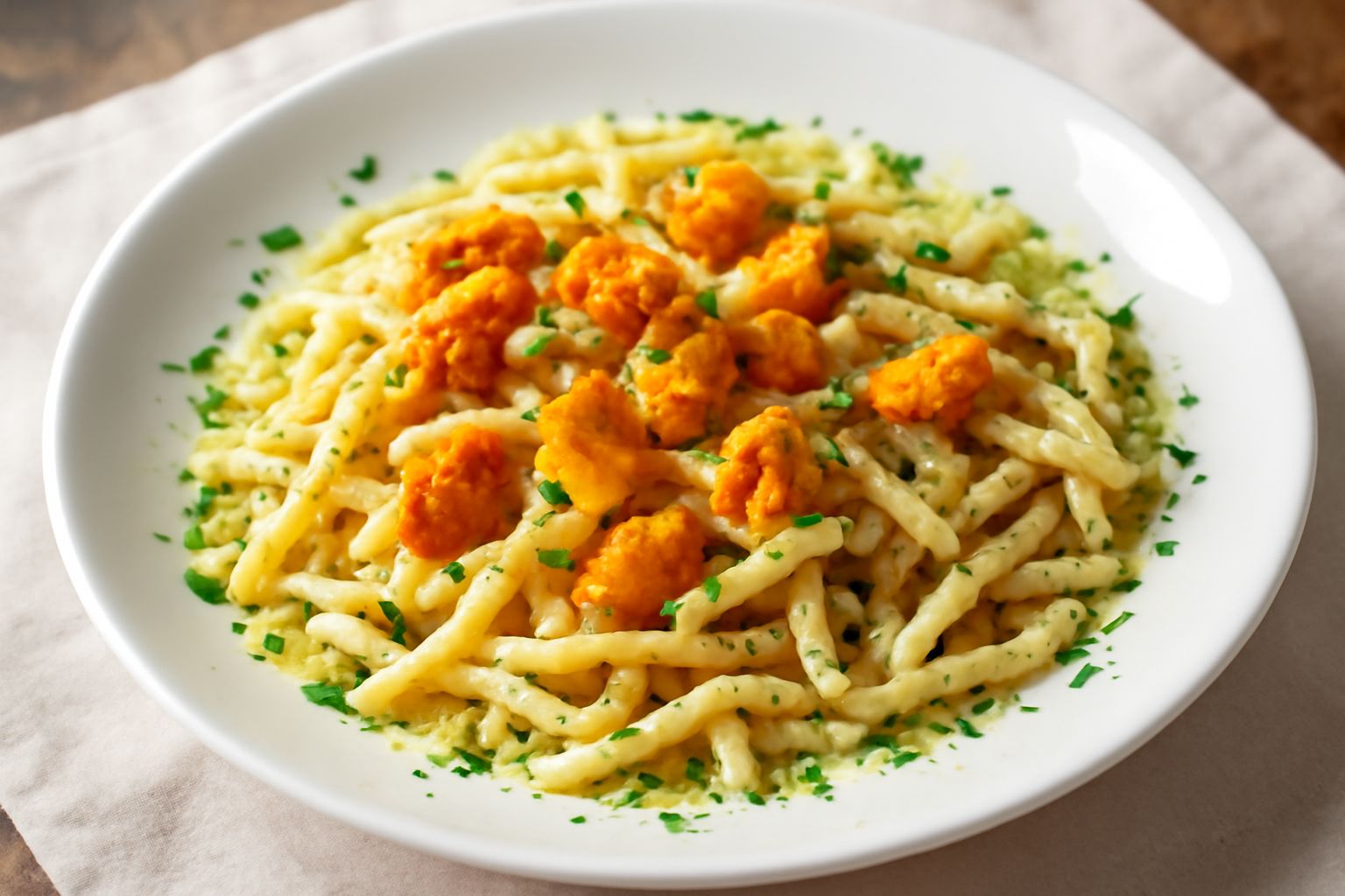 Piatto di trofie al riccio con pasta color avorio ondulata, granelli arancioni di riccio di mare distribuiti in superficie, gocce di olio extravergine, prezzemolo fresco verde e limone in sottofondo