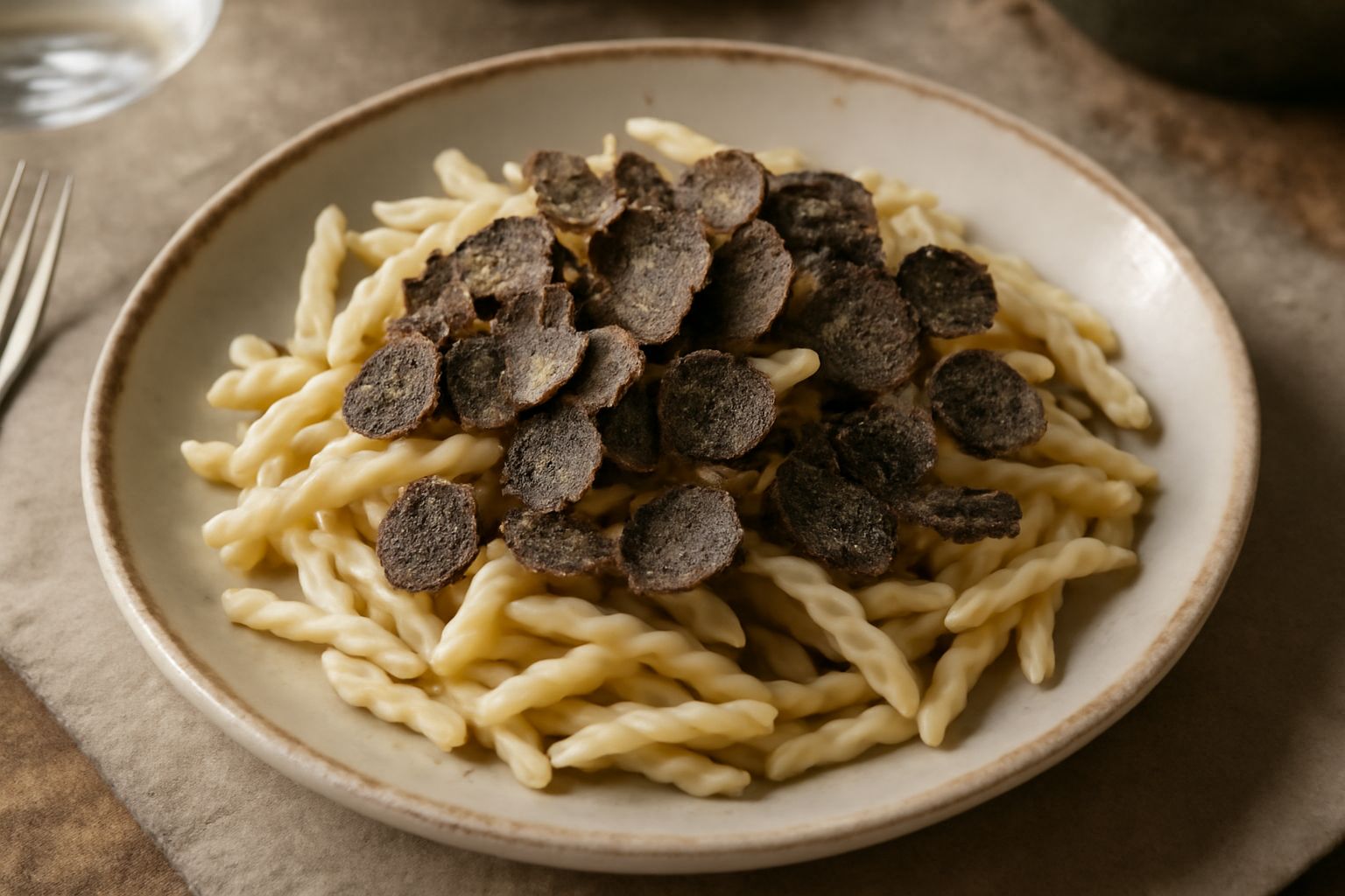 Un piatto di pasta trofie color avorio condito con lamelle di tartufo nero, burro fuso e parmigiano grattugiato fresco, guarnito con prezzemolo minuzzato
