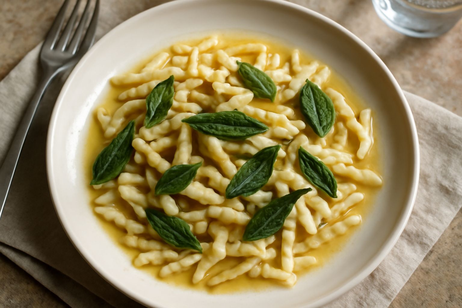 Piatto bianco con trofie condite al burro dorato, foglie di salvia verdi su tutta la superficie, grattugia di Parmigiano-Reggiano crepitante, bordo del piatto pulito