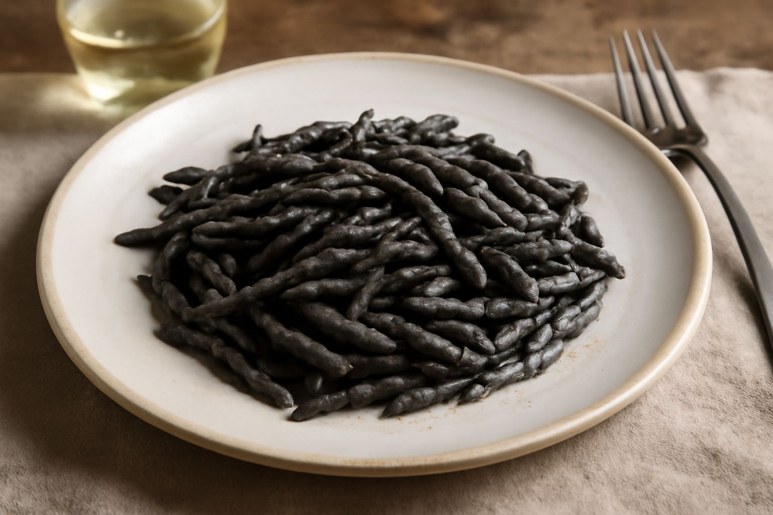 Trofie di colore nero intenso servite in un piatto bianco, condite con un filo di olio extravergine, accompagnate da una guarnizione di prezzemolo fresco e scaglie di parmigiano, con una fetta di limo