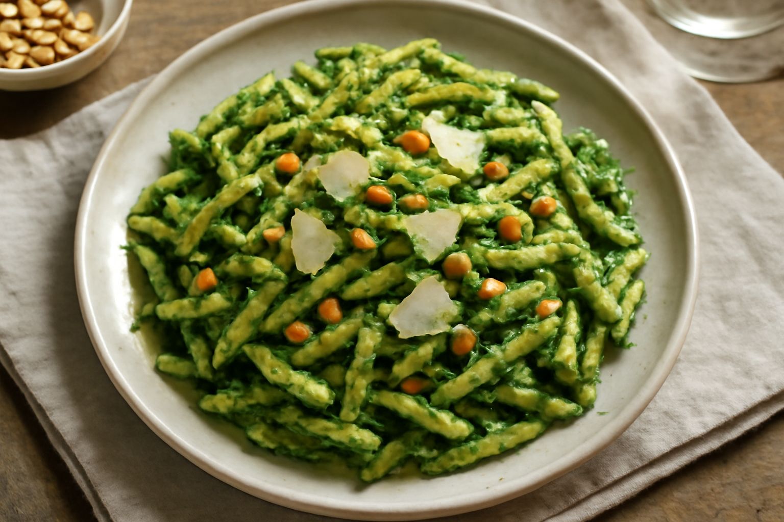 Piatto bianco con trofie intrecciate ricoperte di pesto verde scuro, pinoli dorati sparsi in superficie, foglie di basilico fresco, granella di parmigiano reggiano grattugiato al centro, su tavolo in 
