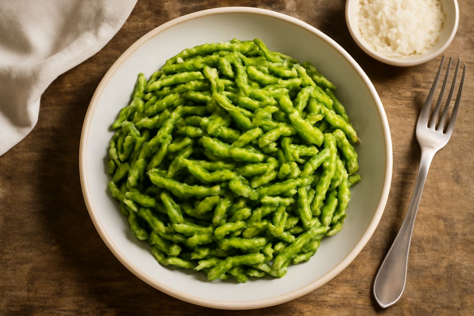 Piatto fondo in porcellana bianca con trofie verdi ricoperte di pesto di basilico, rosso scuro del parmigiano grattato fresco, pinoli tostati e qualche foglia di basilico fresco come guarnizione, rial