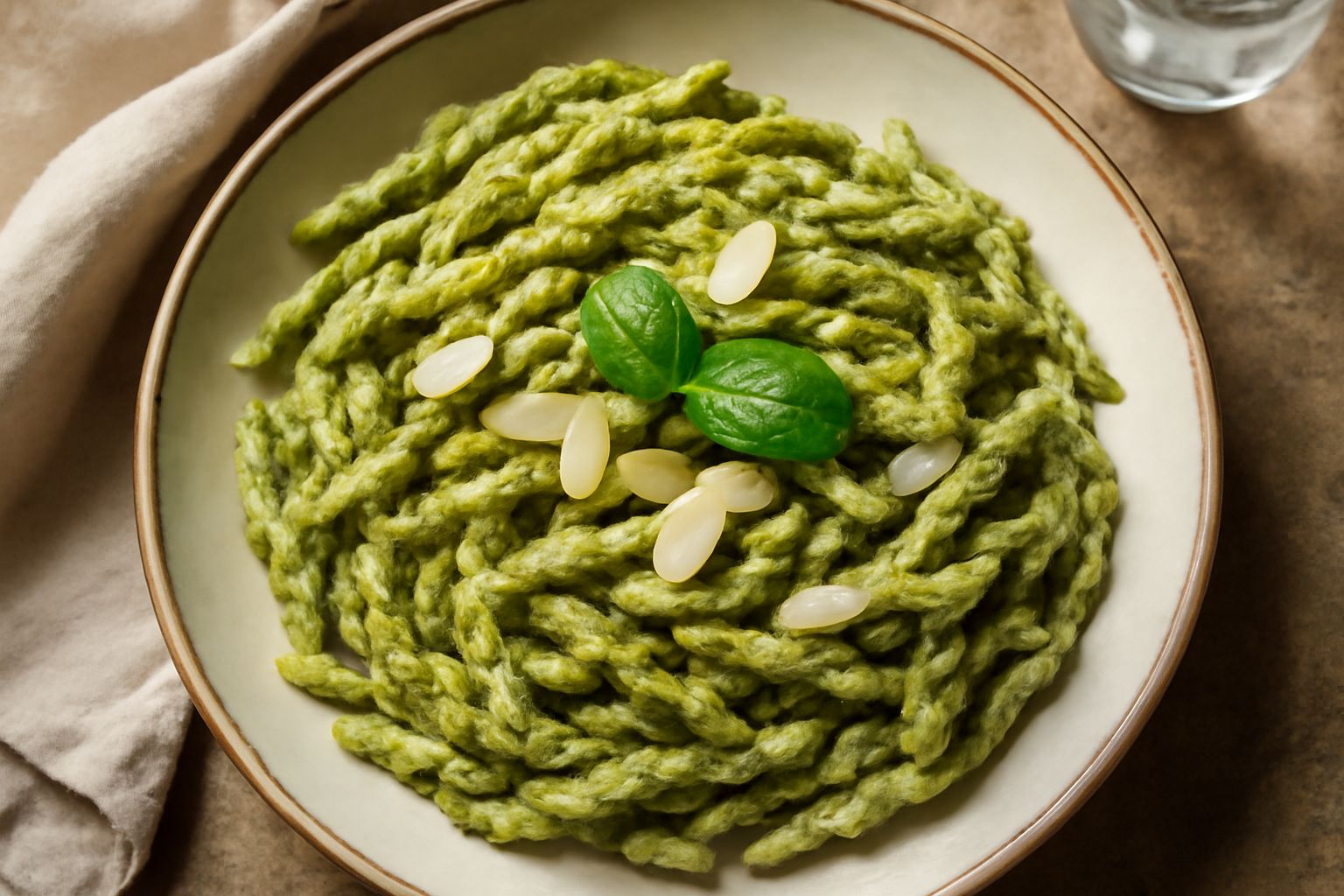 Trofie al pesto di mandorla servite in piatto fondo bianco, condimento verde scuro che riveste la pasta, mandorle tostate tagliate a metà sparse in superficie, foglia di basilico fresco e gocce di oli
