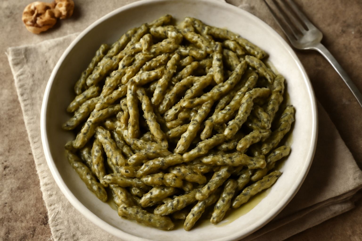 Trofie avvolte in pesto verde scuro di noci, piatto bianco con filo di olio verde brillante, noci sgusciate e spicchi di aglio accanto