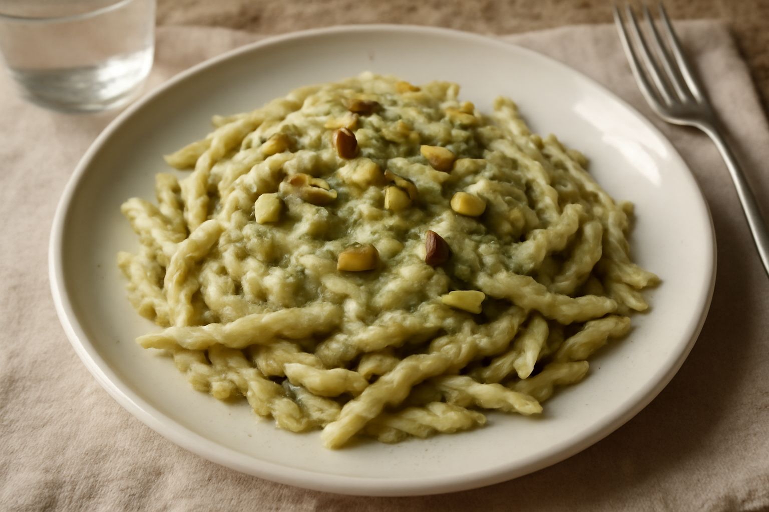 Trofie al pesto di pistacchio in un piatto bianco, pasta a spirale ricoperta di salsa verde chiaro, granelli di pistacchio visibili in superficie, scaglie di parmigiano reggiano sparse, con qualche fo