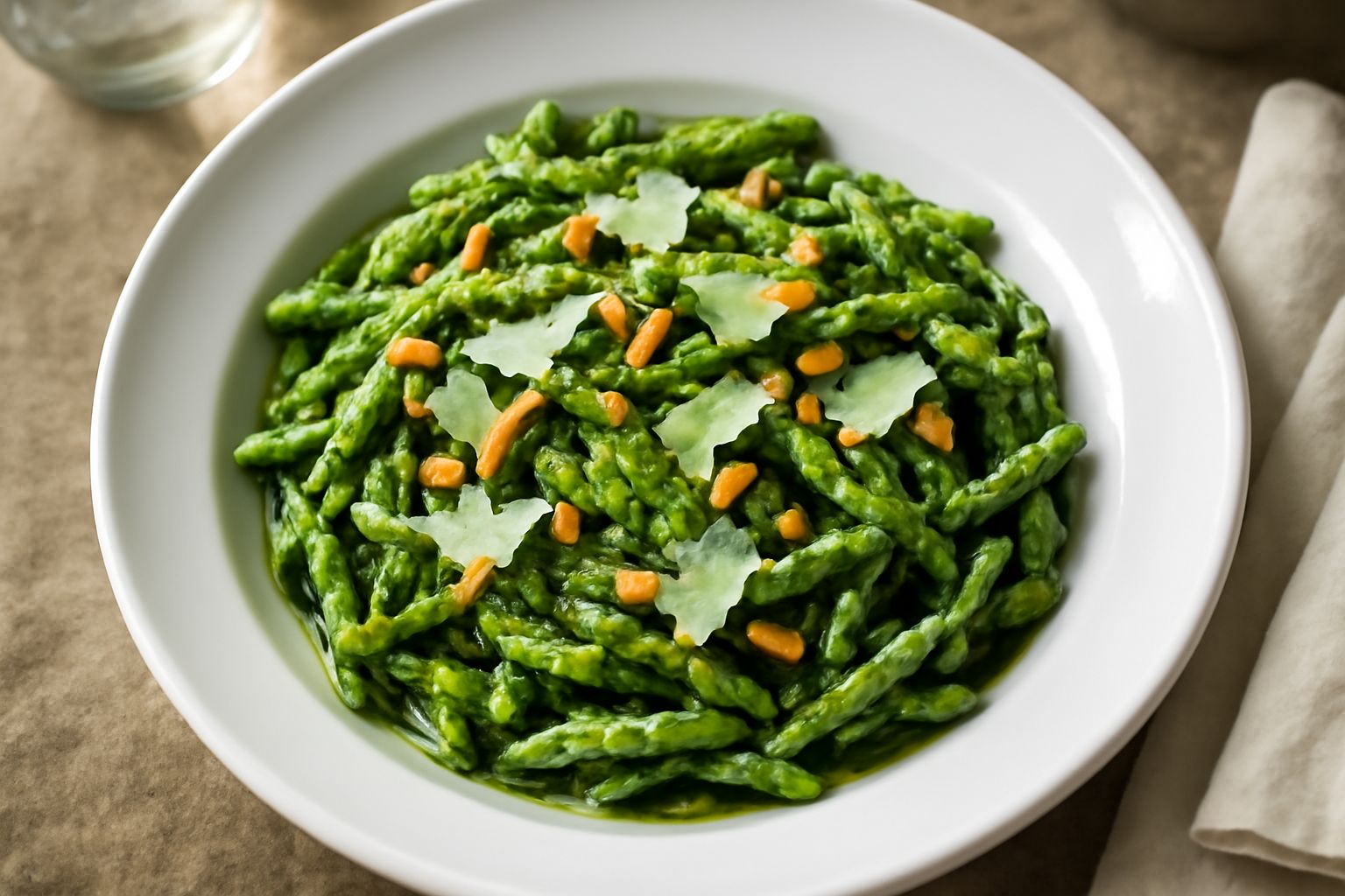 Piatto di trofie verde scuro ricoperte di pesto di rucola, con noccioline tostate sparse in superficie, olio d'oliva brillante e pepe nero, servite in ciotola bianca