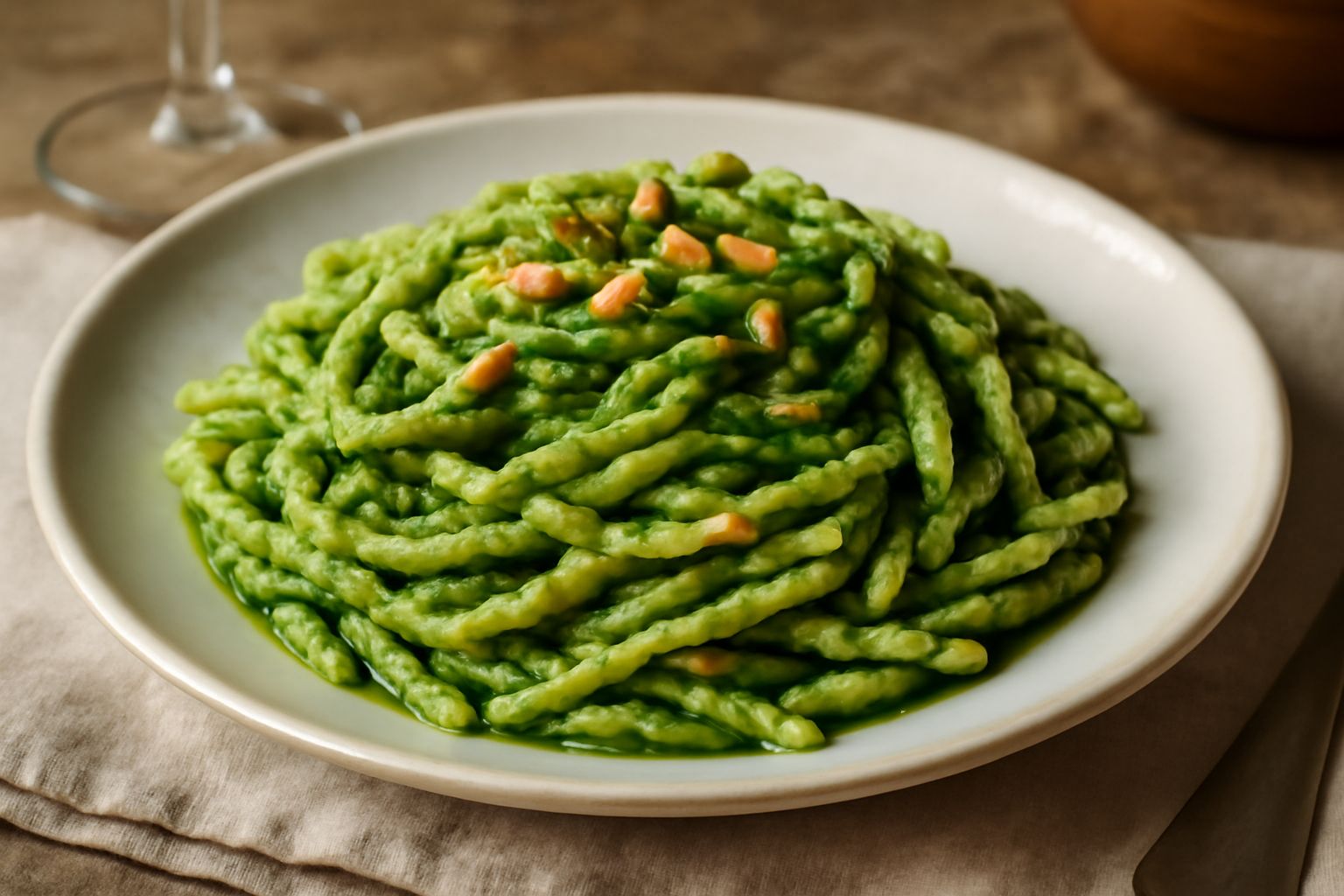 Trofie tirate a mano disposte nel piatto bianco, ricoperte di pesto verde brillante, scricchiolino di pinoli tostati in superficie, filo d'olio d'oliva lucido, porzione singola