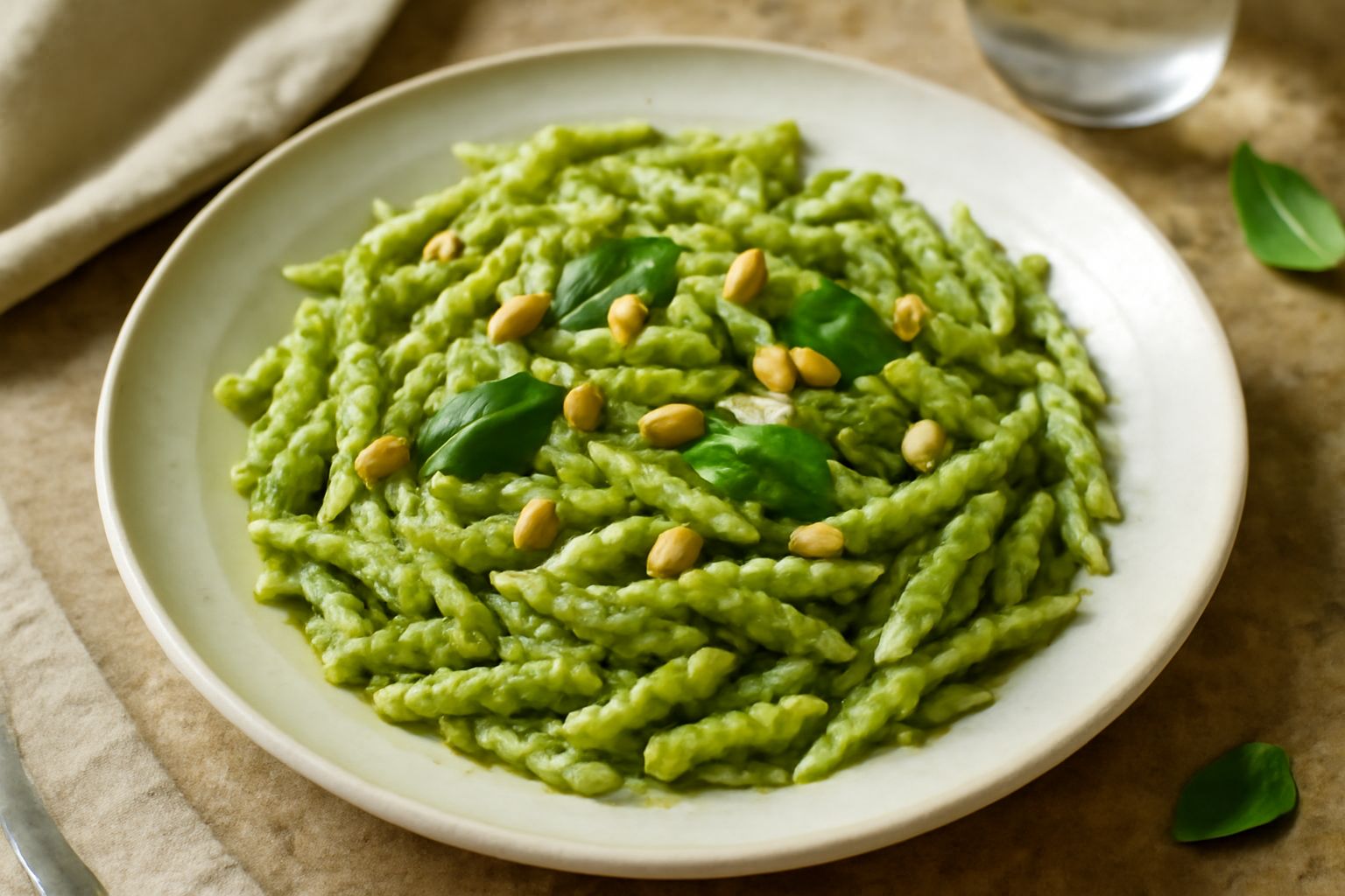 Piatto di trofie al pesto piemontese con basilico verde brillante, pasta avvolta in salsa cremosa color verde salvia, pinoli dorati sparsi in superficie, servito in ciotola bianca con cucchiaio di leg